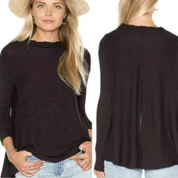 We The Free People Lover Ribbed Black Split Back Ribbed Raw Hem Medium - Picture 1 of 12